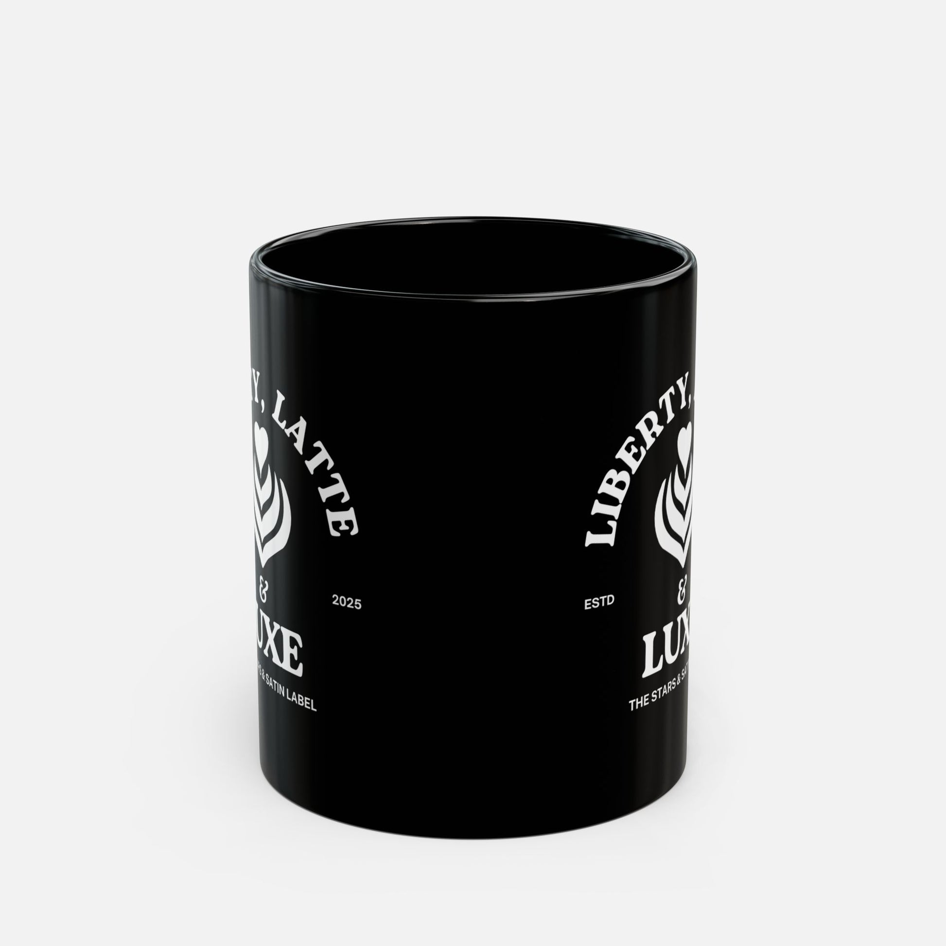 Liberty, Latte & Luxe – Glossy Black Ceramic Mug 11oz, 15oz