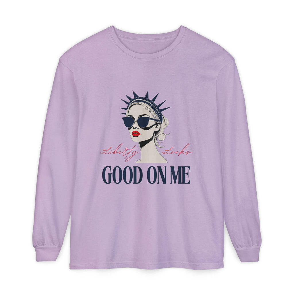 Liberty Looks Good on Me – Chic Lady Liberty Graphic Long Sleeve T‑Shirt