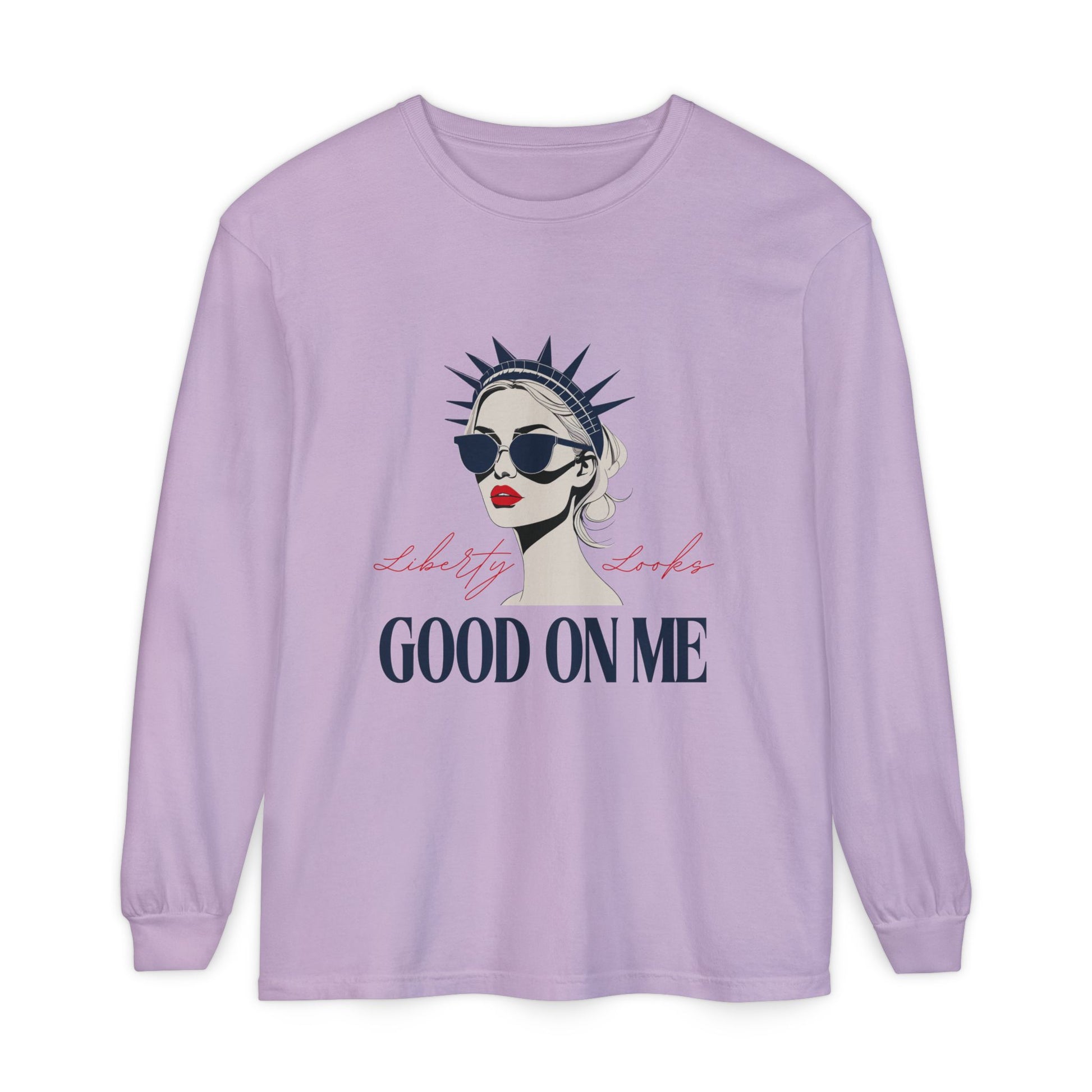 Liberty Looks Good on Me – Chic Lady Liberty Graphic Long Sleeve T‑Shirt