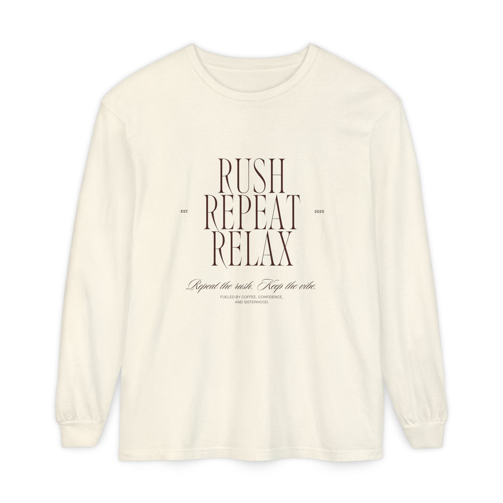 Rush Repeat Relax - Minimalist Graphic Long Sleeve Tee