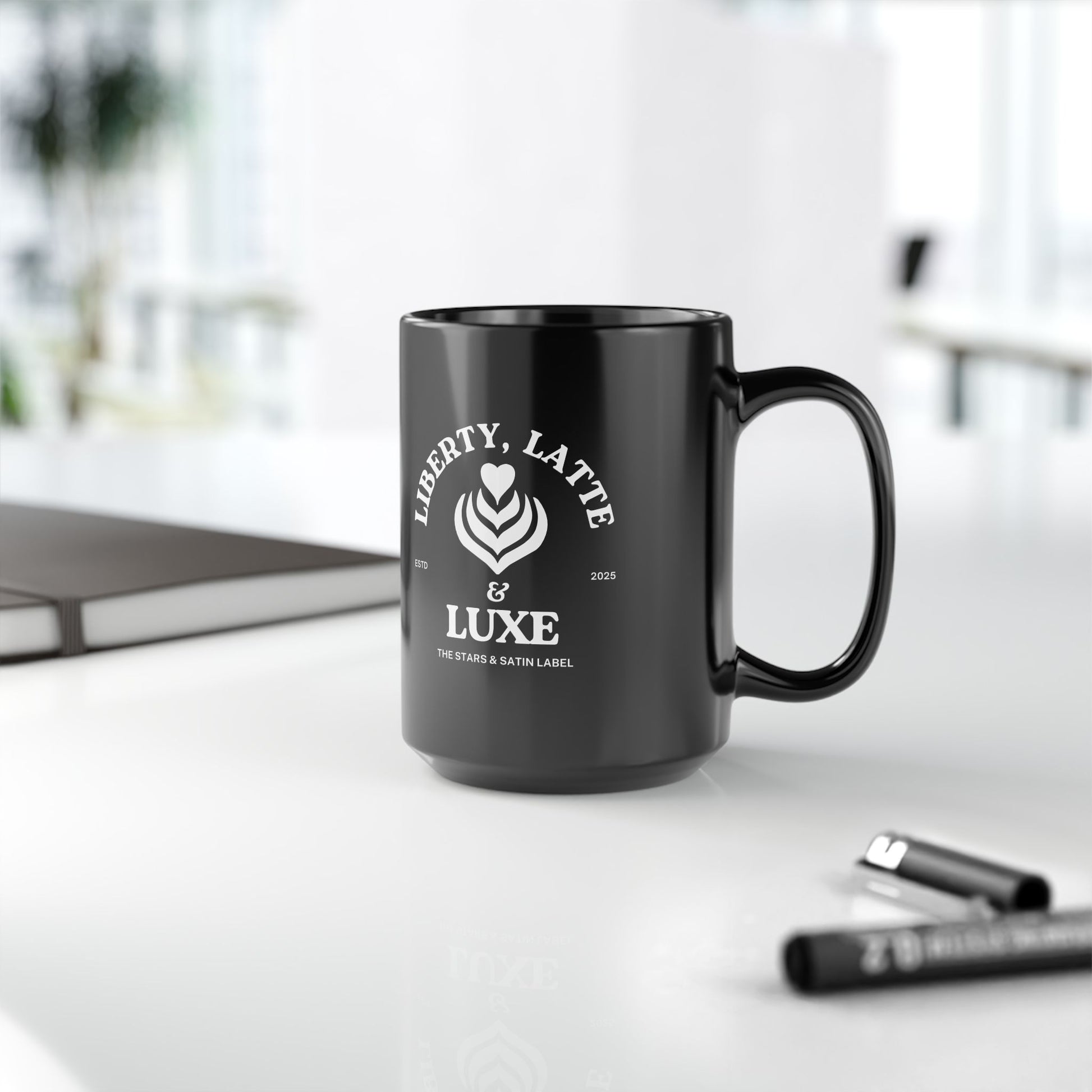 Liberty, Latte & Luxe – Glossy Black Ceramic Mug 11oz, 15oz