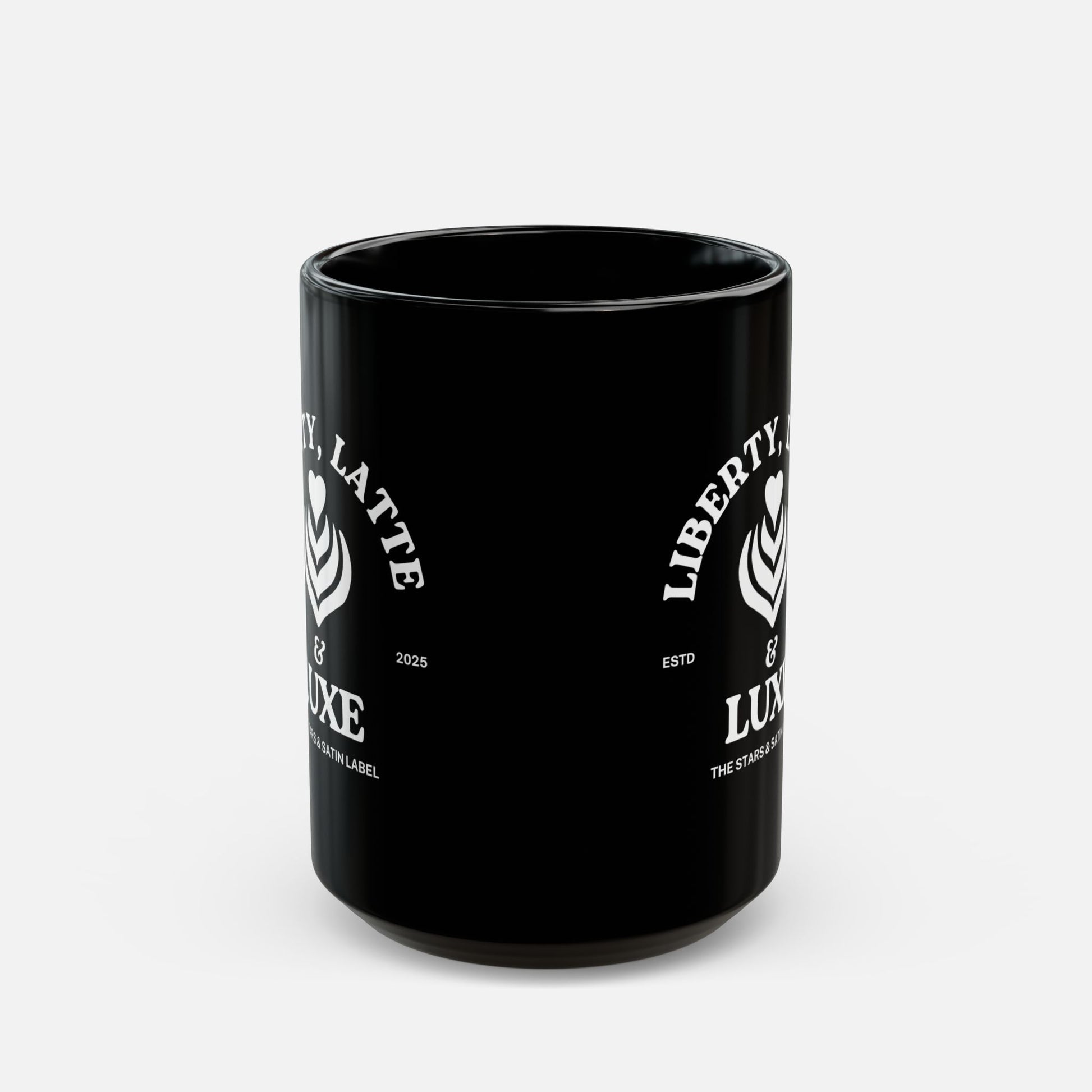 Liberty, Latte & Luxe – Glossy Black Ceramic Mug 11oz, 15oz