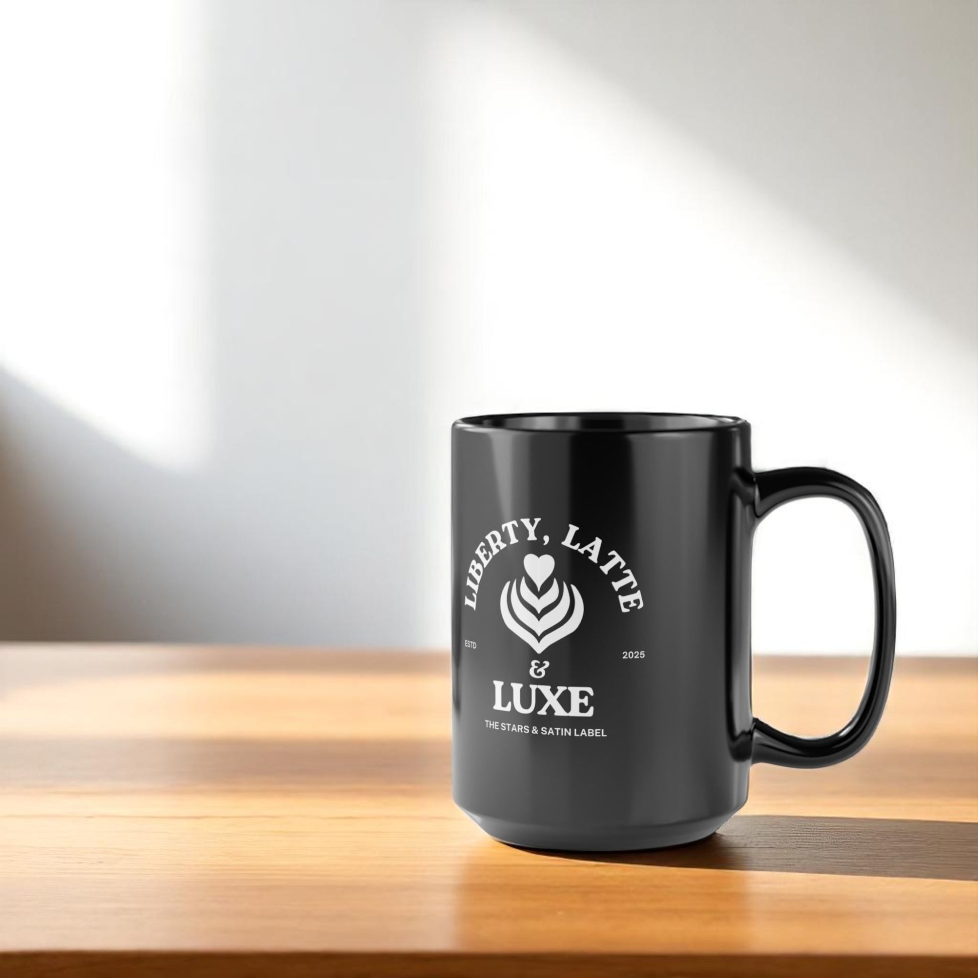 Liberty, Latte & Luxe – Glossy Black Ceramic Mug 11oz, 15oz