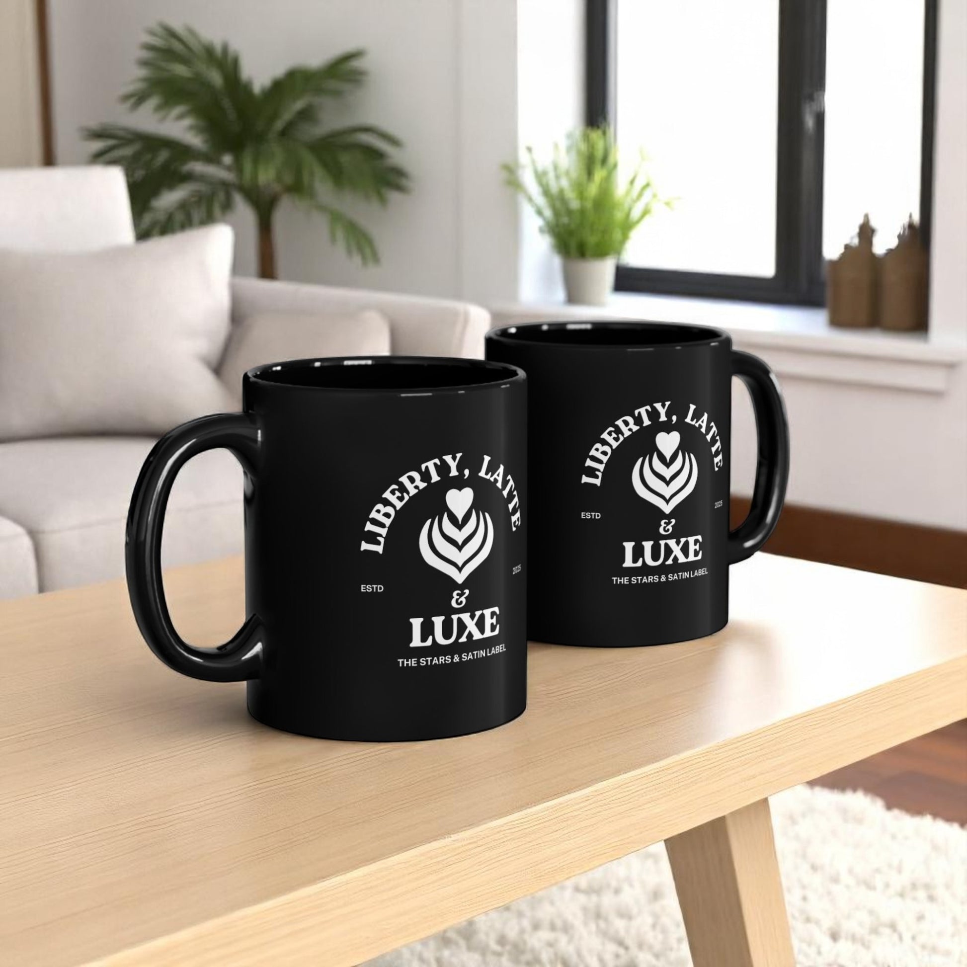 Liberty, Latte & Luxe – Glossy Black Ceramic Mug 11oz, 15oz