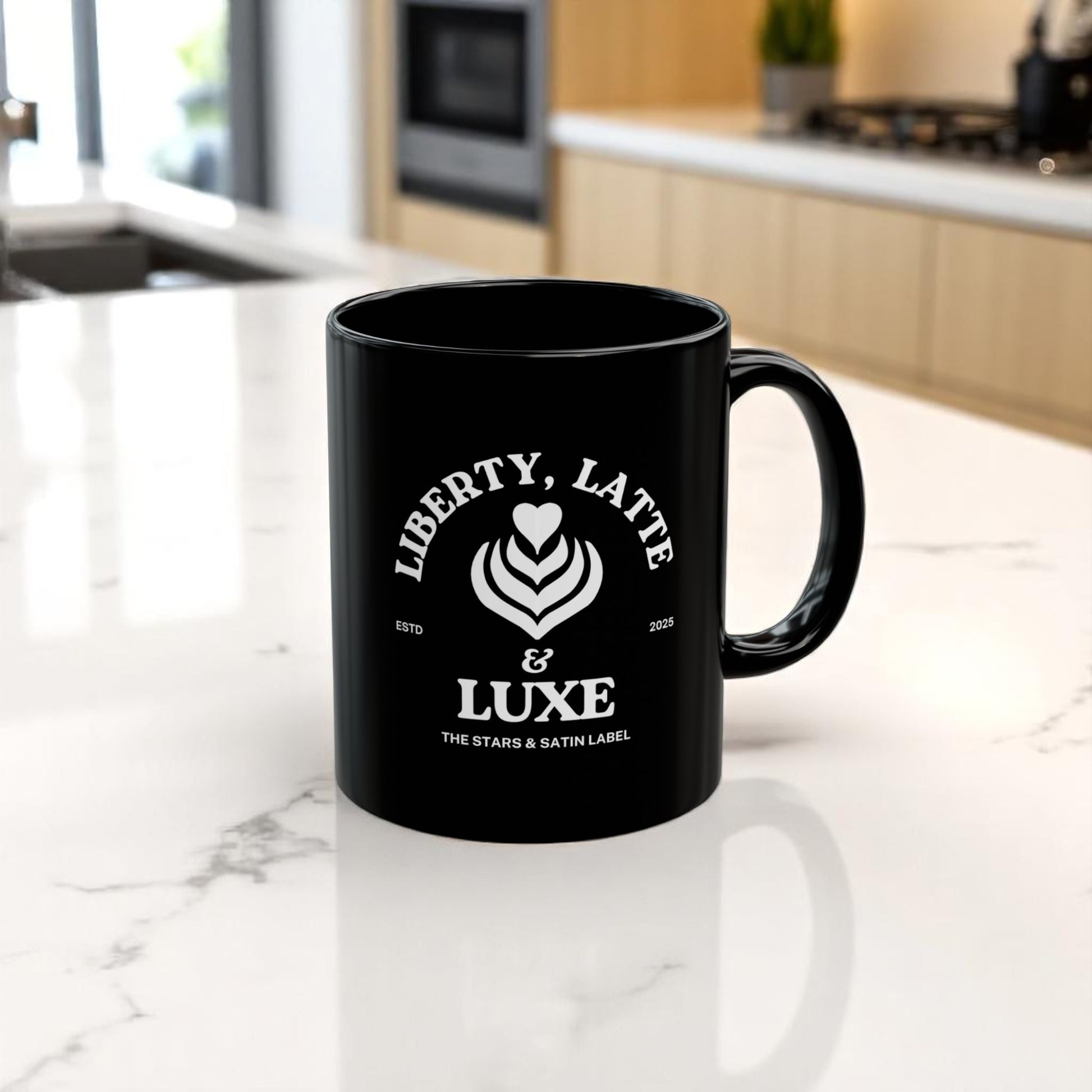 Liberty, Latte & Luxe – Glossy Black Ceramic Mug 11oz, 15oz