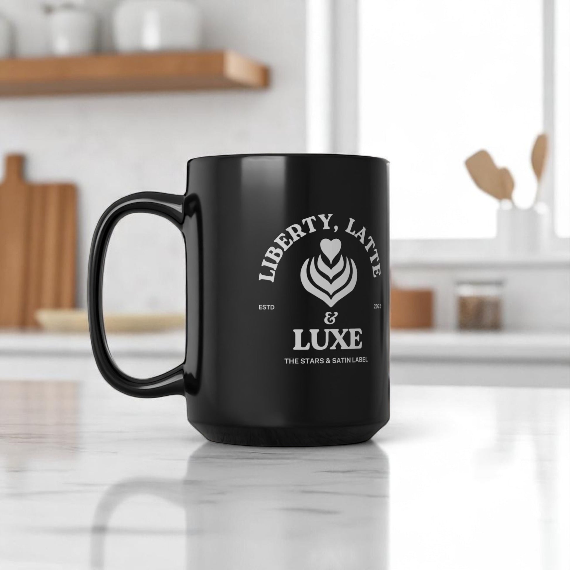 Liberty, Latte & Luxe – Glossy Black Ceramic Mug 11oz, 15oz