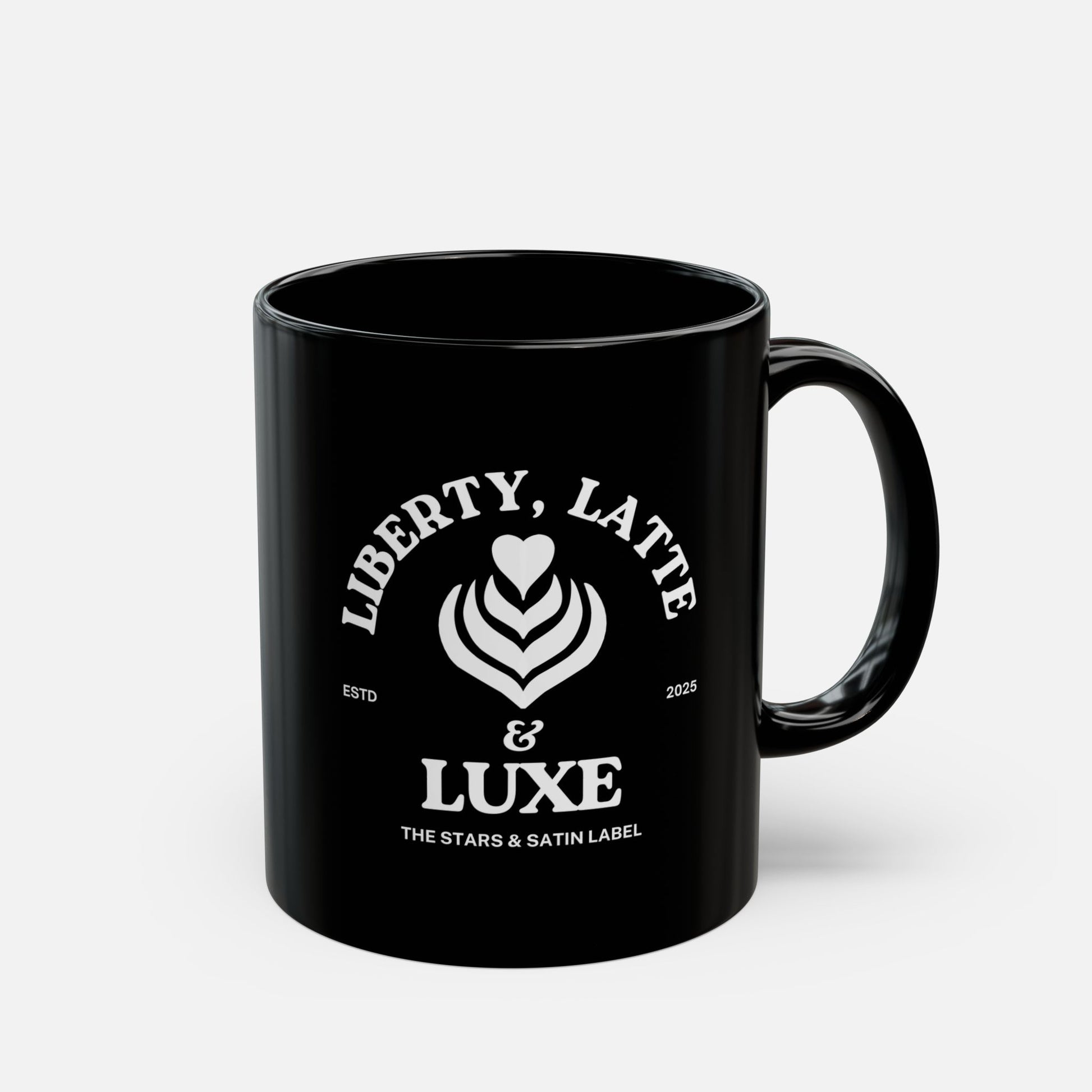 Liberty, Latte & Luxe – Glossy Black Ceramic Mug 11oz, 15oz