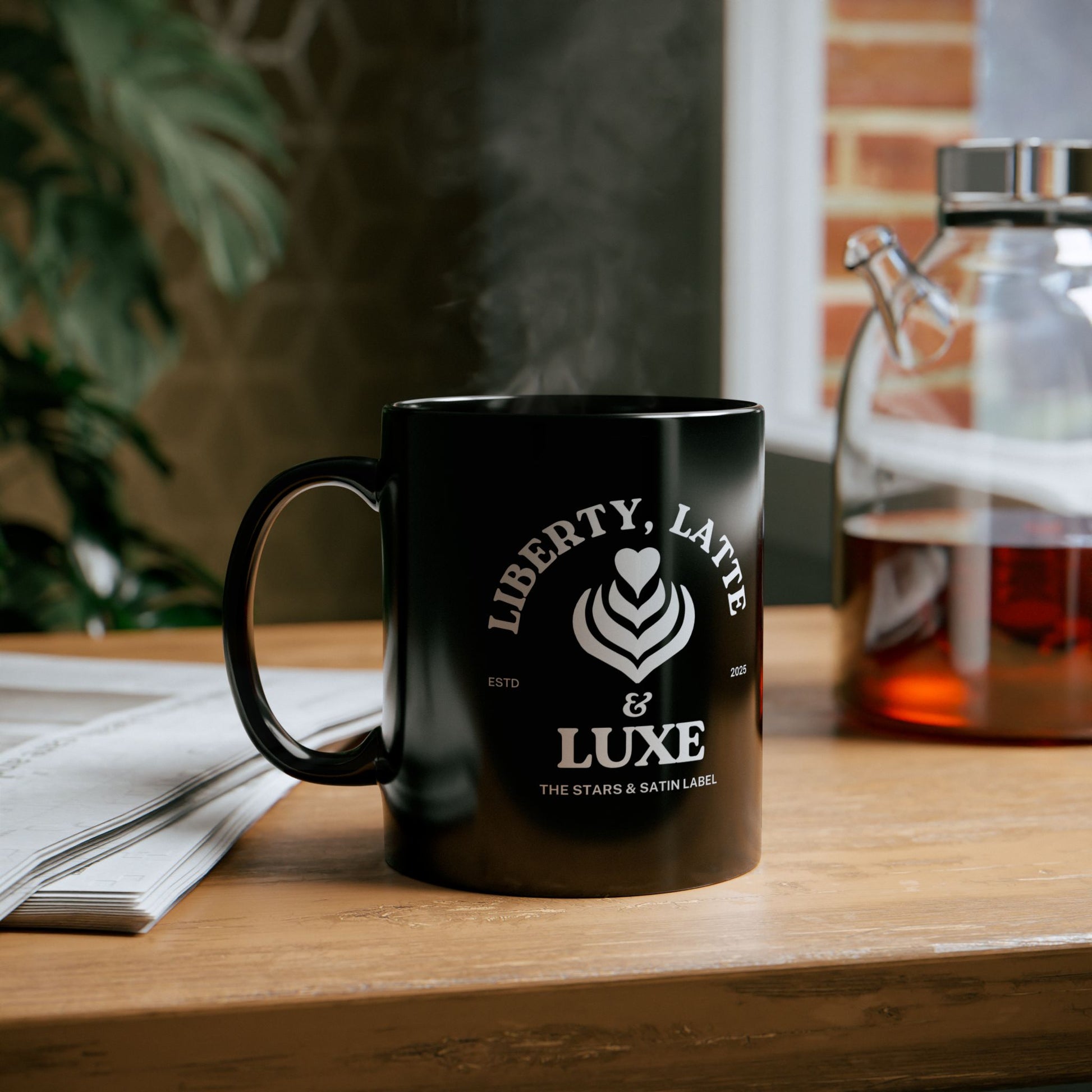 Liberty, Latte & Luxe – Glossy Black Ceramic Mug 11oz, 15oz