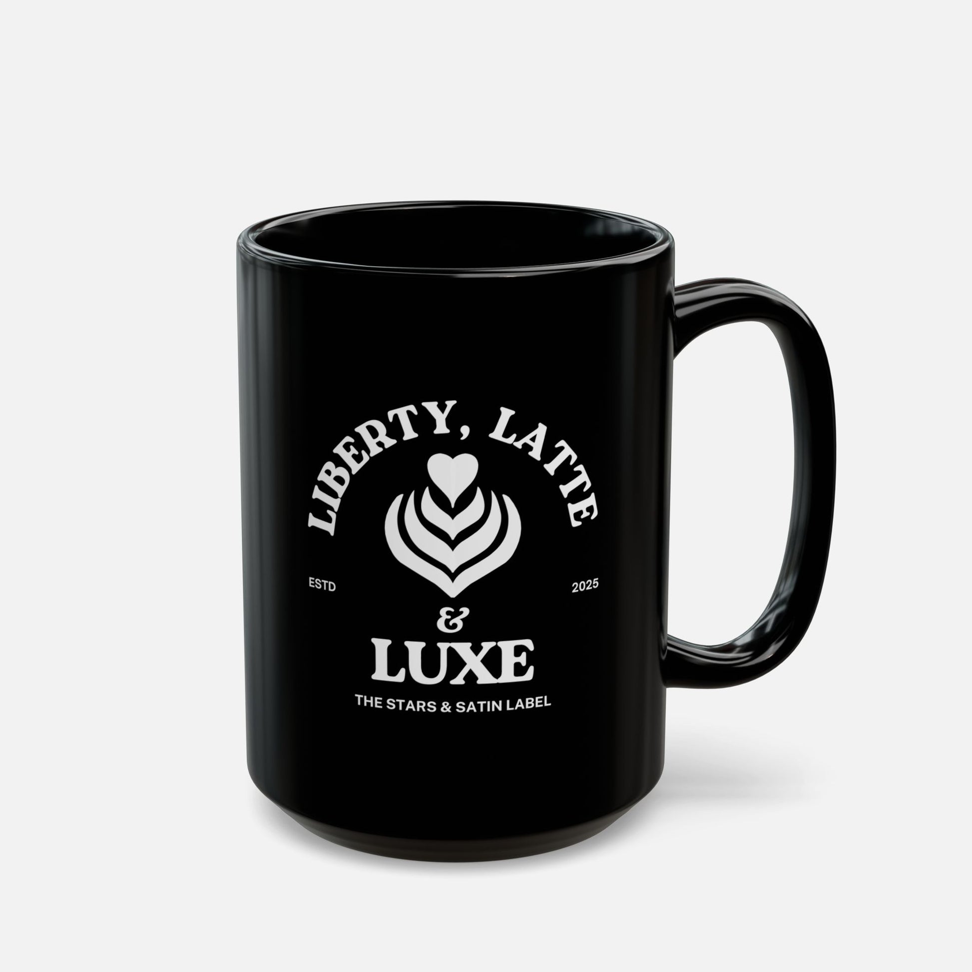 Liberty, Latte & Luxe – Glossy Black Ceramic Mug 11oz, 15oz
