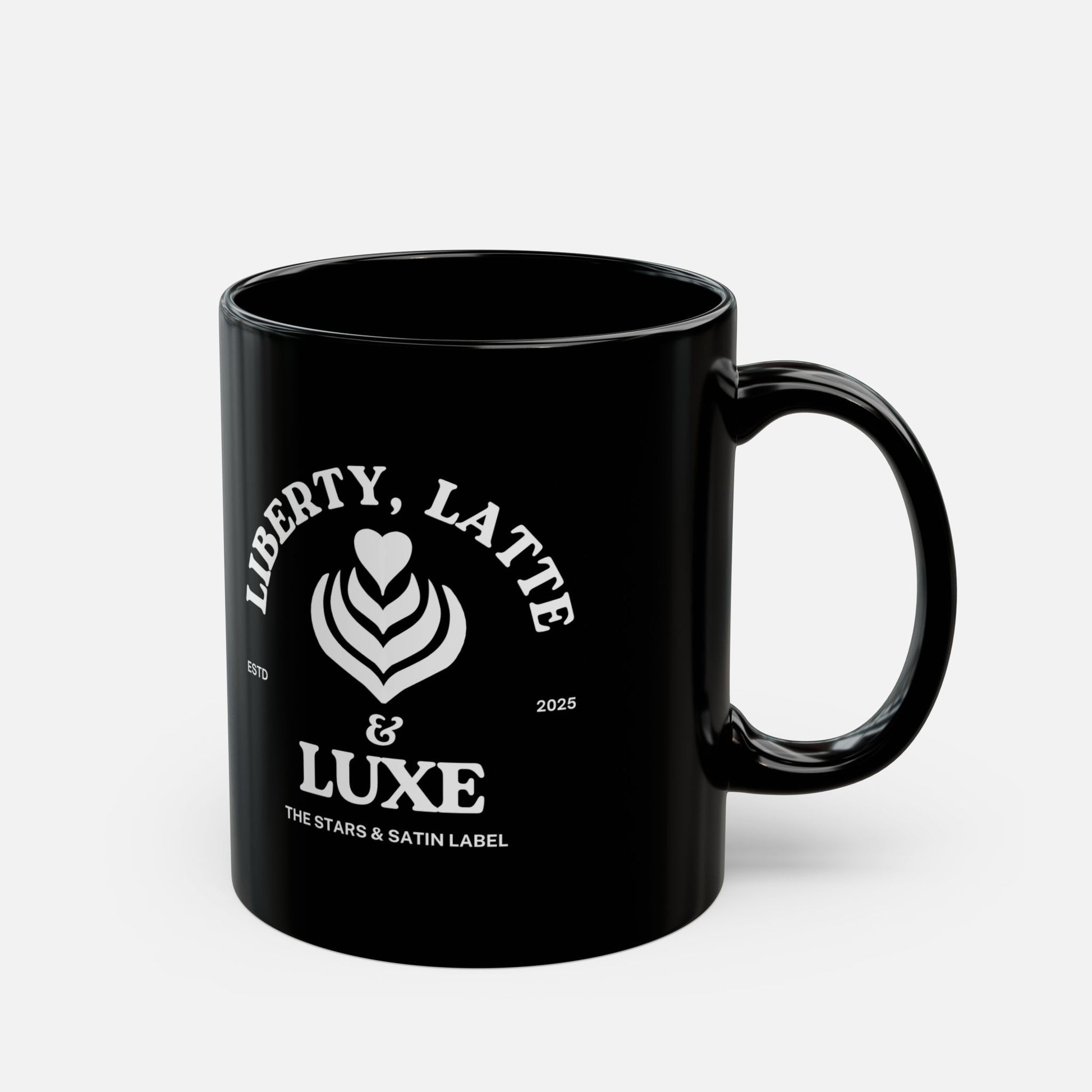 Liberty, Latte & Luxe – Glossy Black Ceramic Mug 11oz, 15oz