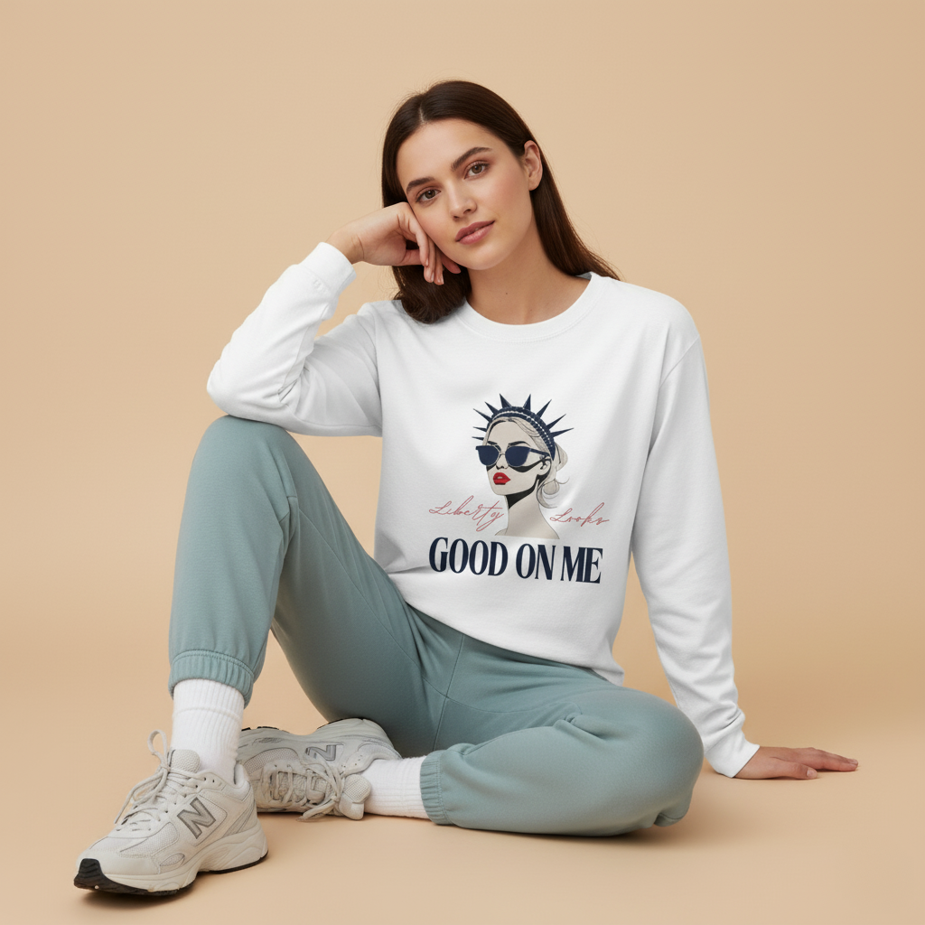 Liberty Looks Good on Me – Chic Lady Liberty Graphic Long Sleeve T‑Shirt